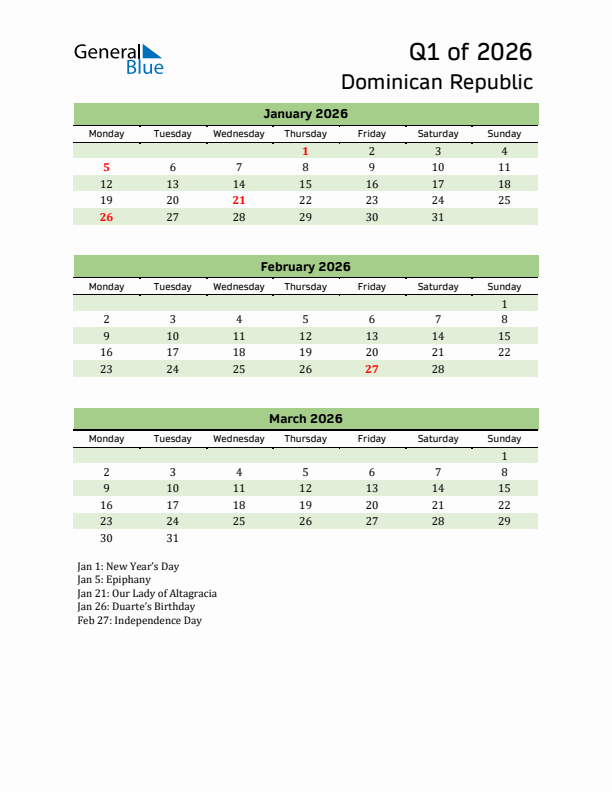 Quarterly Calendar 2026 with Dominican Republic Holidays