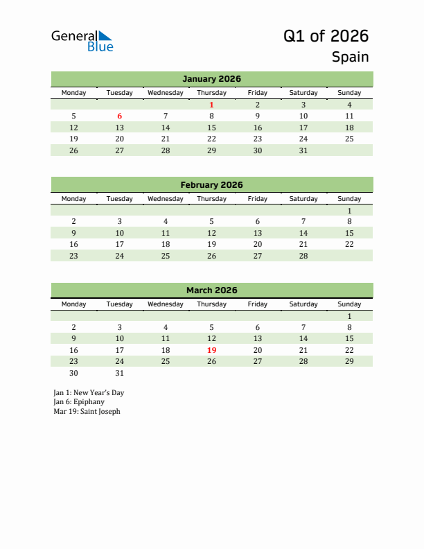 Quarterly Calendar 2026 with Spain Holidays