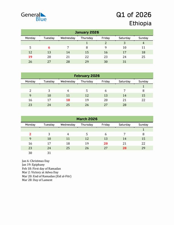 Quarterly Calendar 2026 with Ethiopia Holidays