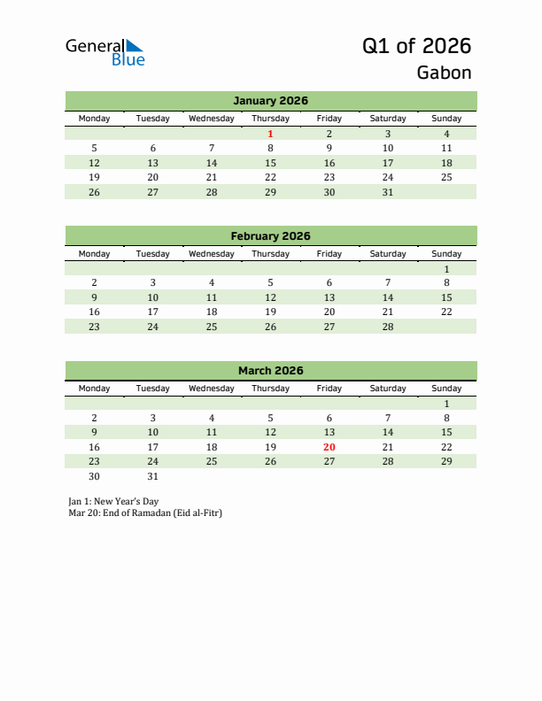 Quarterly Calendar 2026 with Gabon Holidays