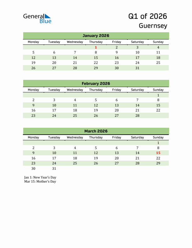 Quarterly Calendar 2026 with Guernsey Holidays