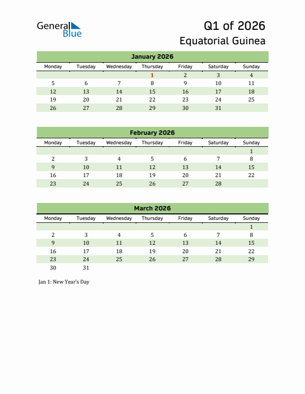 Quarterly Calendar 2026 with Equatorial Guinea Holidays