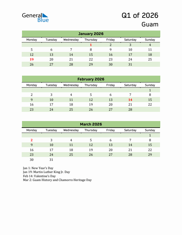 Quarterly Calendar 2026 with Guam Holidays