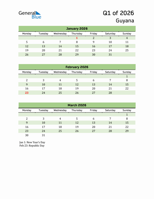 Quarterly Calendar 2026 with Guyana Holidays