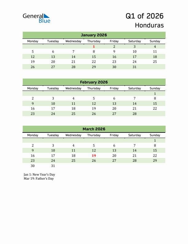 Quarterly Calendar 2026 with Honduras Holidays