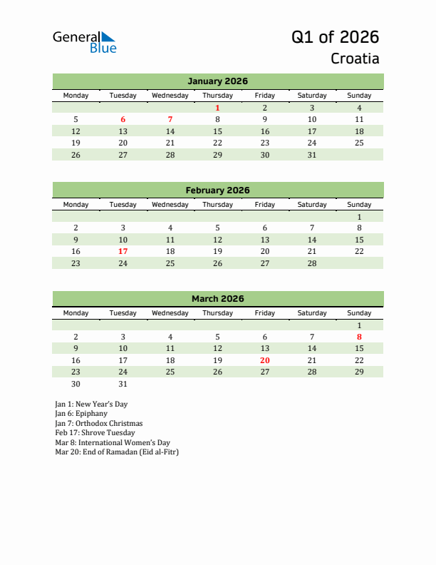 Quarterly Calendar 2026 with Croatia Holidays