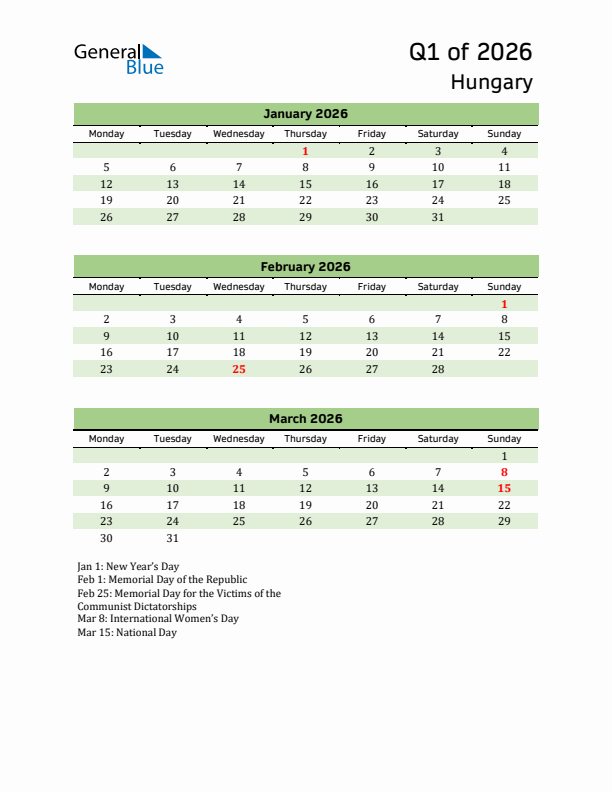 Quarterly Calendar 2026 with Hungary Holidays