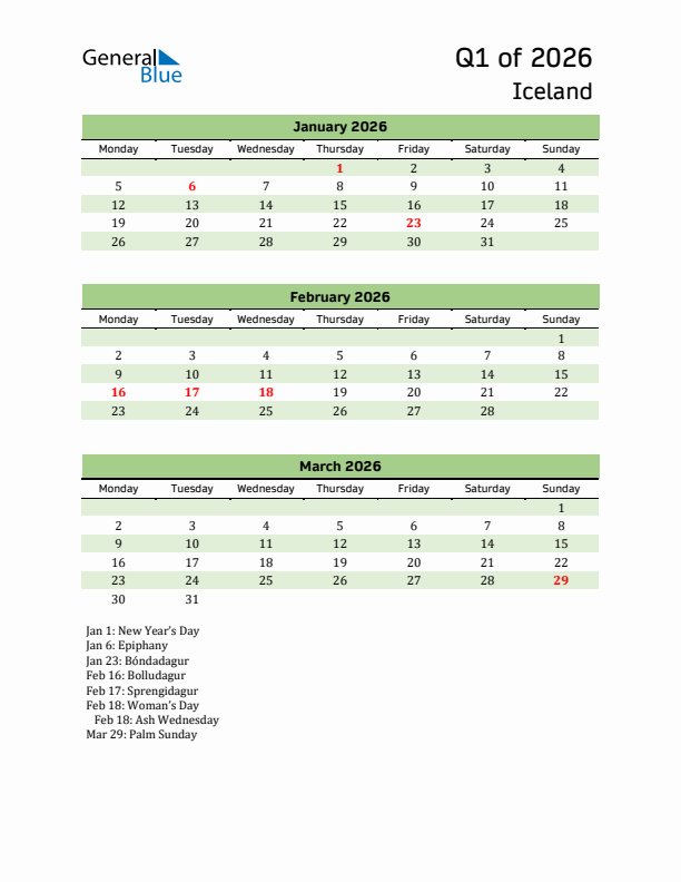 Quarterly Calendar 2026 with Iceland Holidays