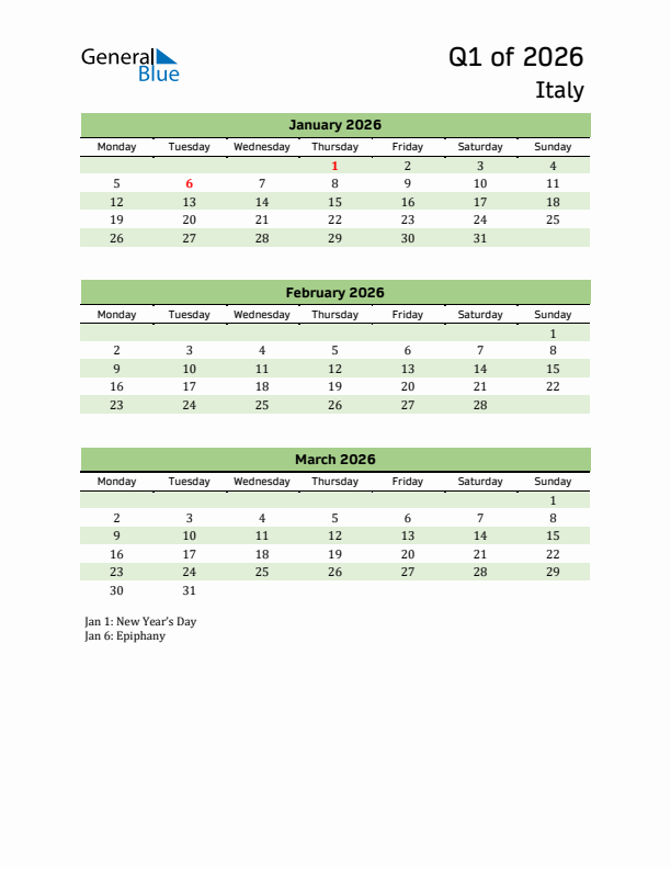 Quarterly Calendar 2026 with Italy Holidays