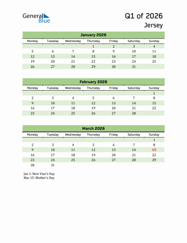 Quarterly Calendar 2026 with Jersey Holidays