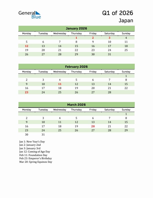 Quarterly Calendar 2026 with Japan Holidays