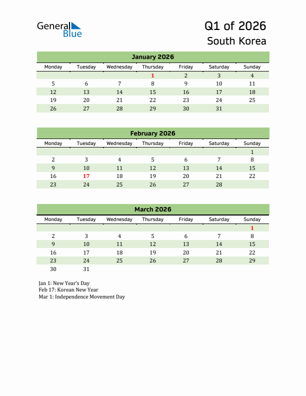 Quarterly Calendar 2026 with South Korea Holidays