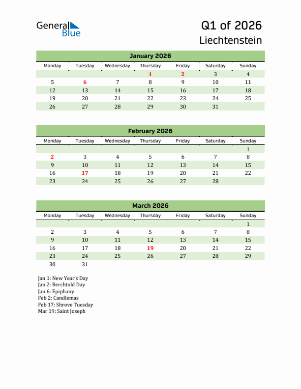 Quarterly Calendar 2026 with Liechtenstein Holidays