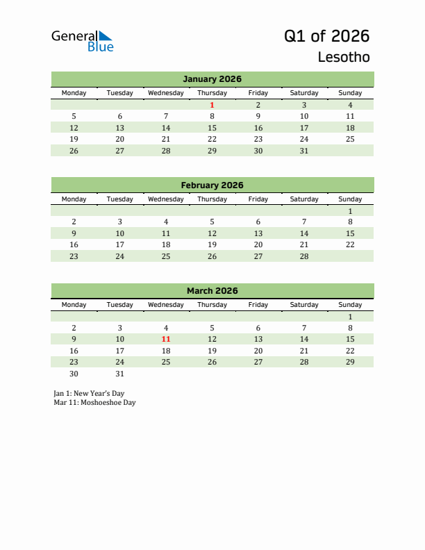 Quarterly Calendar 2026 with Lesotho Holidays