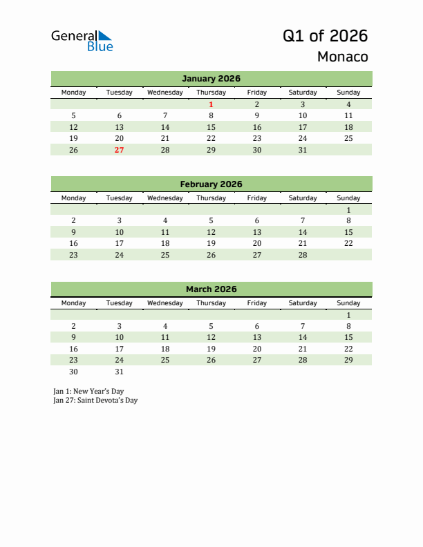 Quarterly Calendar 2026 with Monaco Holidays