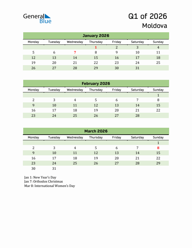 Quarterly Calendar 2026 with Moldova Holidays