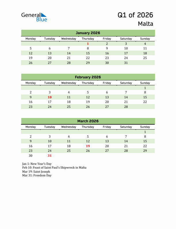 Quarterly Calendar 2026 with Malta Holidays