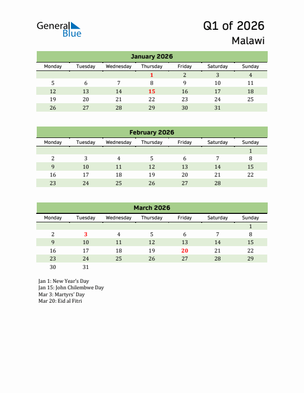 Quarterly Calendar 2026 with Malawi Holidays