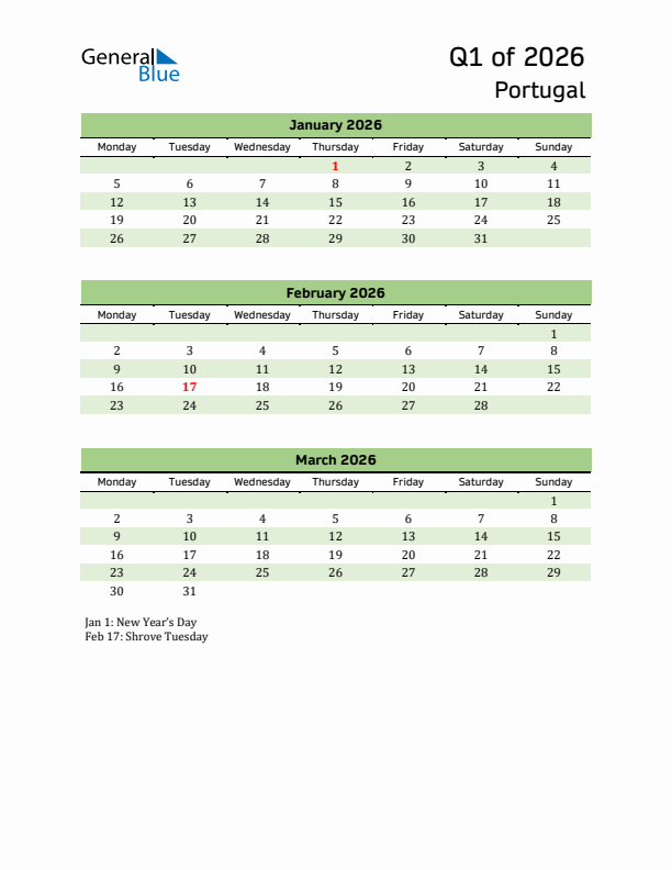 Quarterly Calendar 2026 with Portugal Holidays