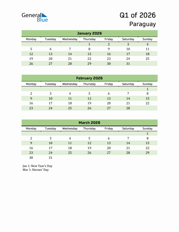 Quarterly Calendar 2026 with Paraguay Holidays