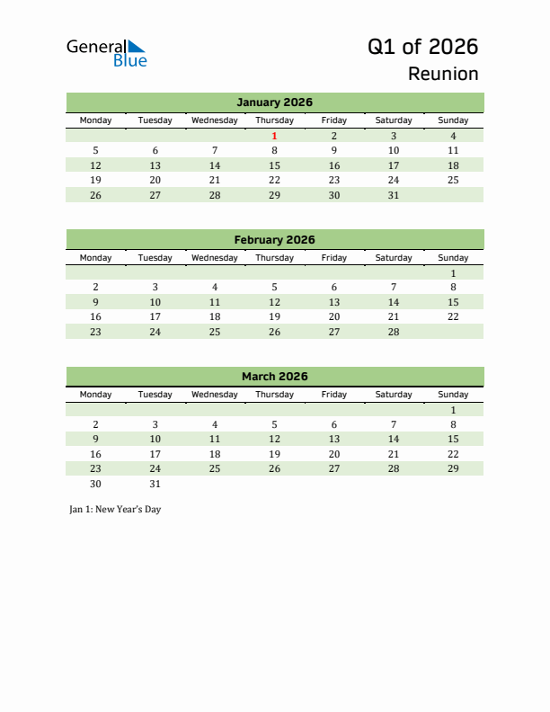 Quarterly Calendar 2026 with Reunion Holidays