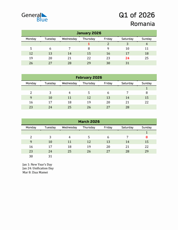 Quarterly Calendar 2026 with Romania Holidays