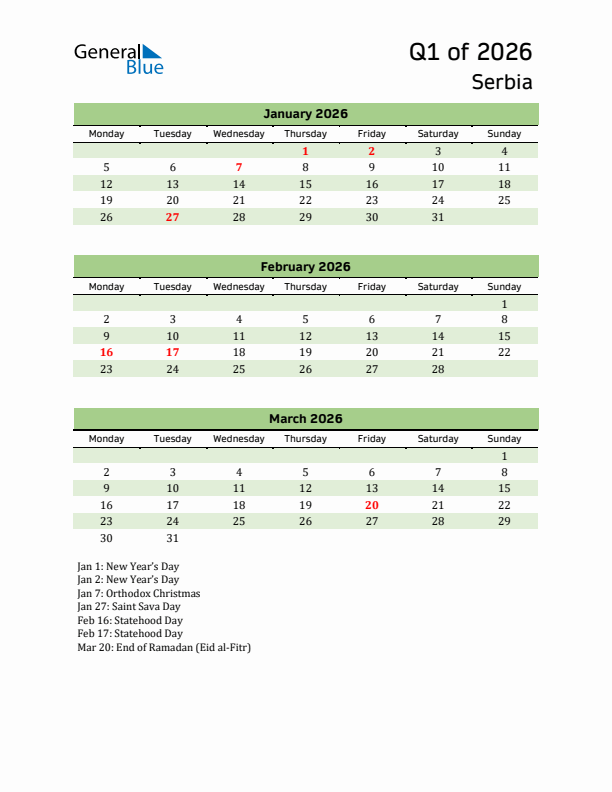 Quarterly Calendar 2026 with Serbia Holidays