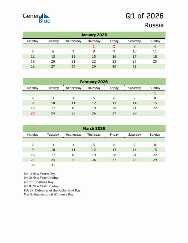 Quarterly Calendar 2026 with Russia Holidays