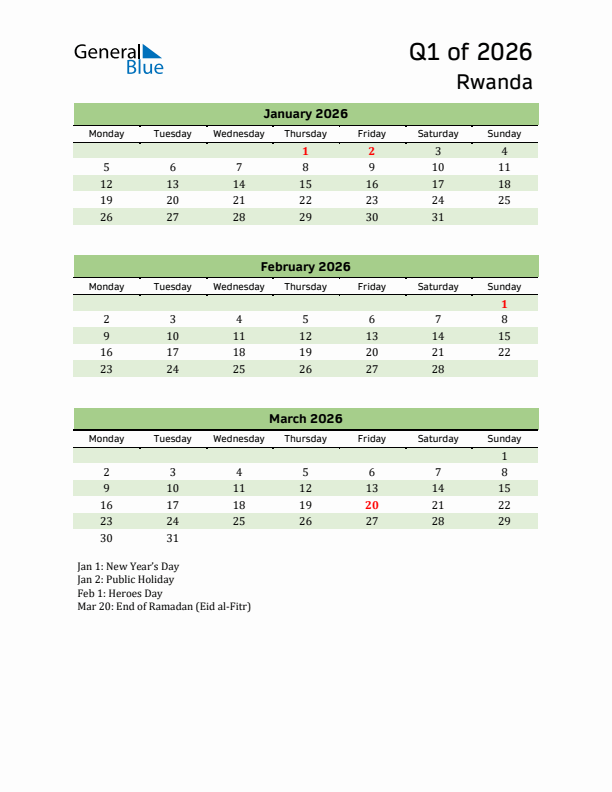 Quarterly Calendar 2026 with Rwanda Holidays