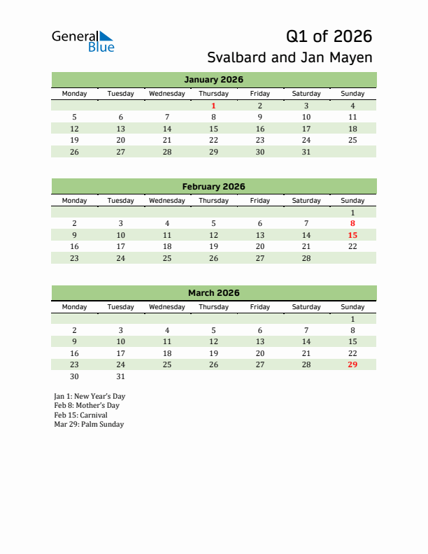 Quarterly Calendar 2026 with Svalbard and Jan Mayen Holidays