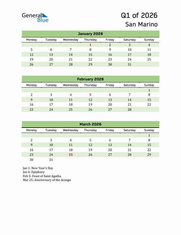 Quarterly Calendar 2026 with San Marino Holidays