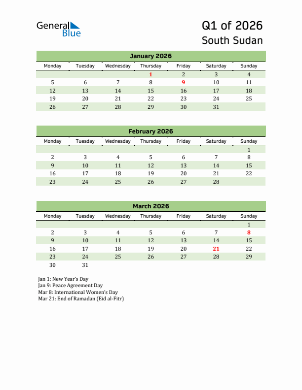 Quarterly Calendar 2026 with South Sudan Holidays