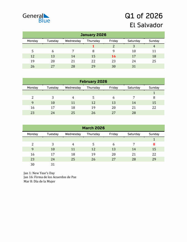 Quarterly Calendar 2026 with El Salvador Holidays