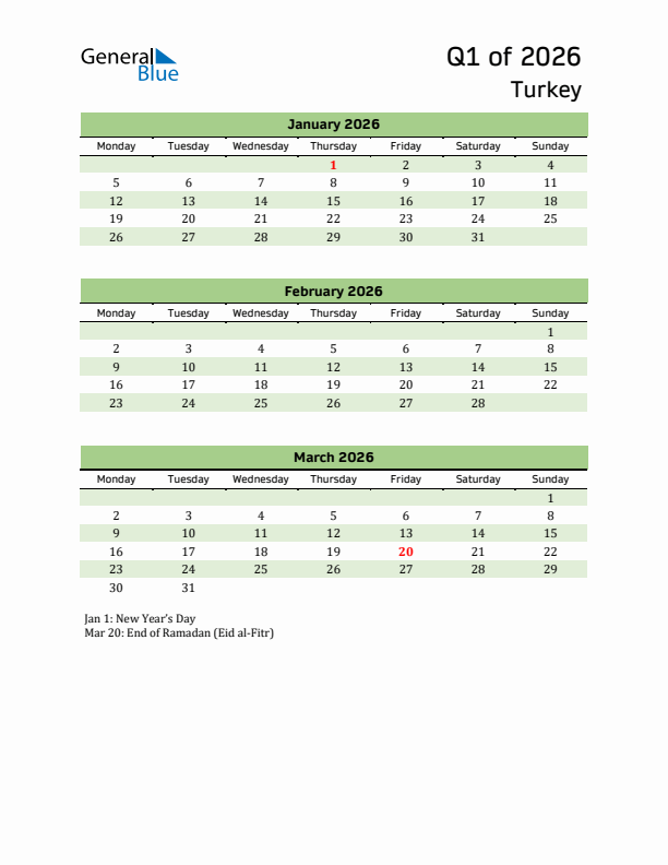 Quarterly Calendar 2026 with Turkey Holidays