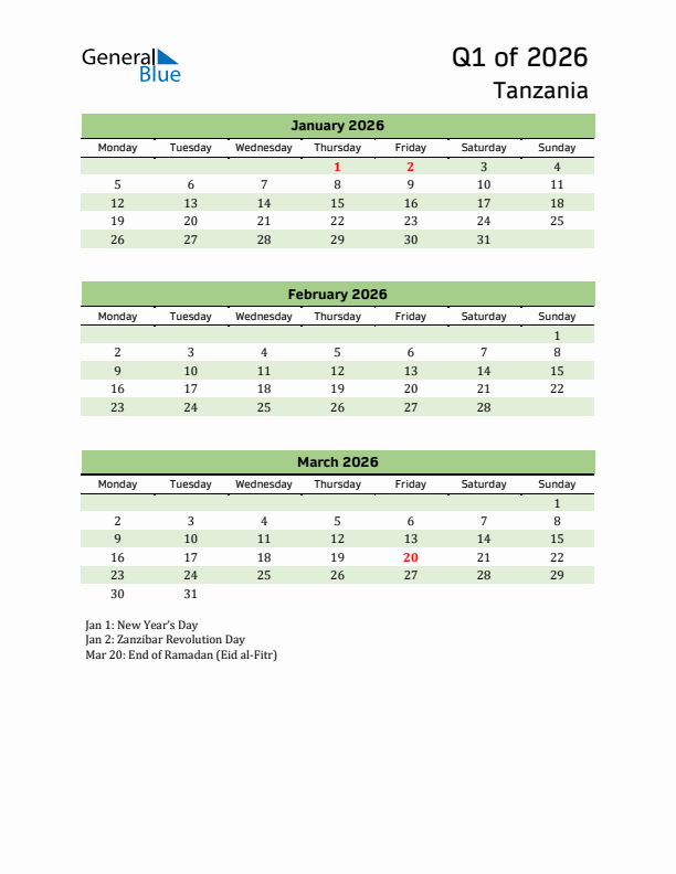 Quarterly Calendar 2026 with Tanzania Holidays