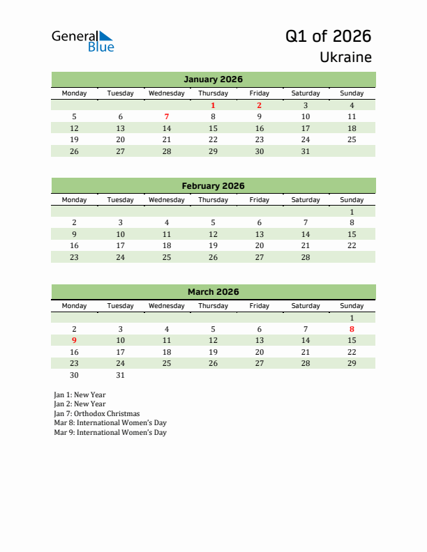 Quarterly Calendar 2026 with Ukraine Holidays