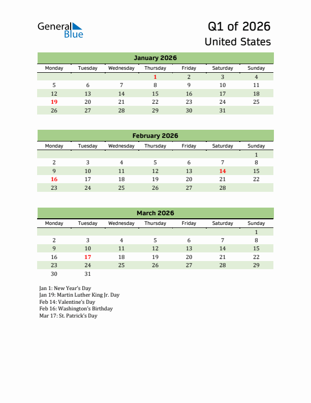 Quarterly Calendar 2026 with United States Holidays