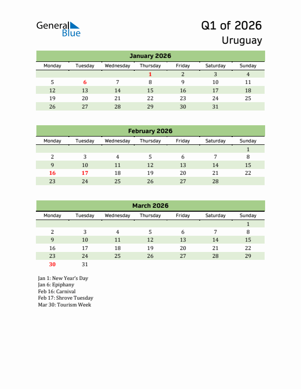 Quarterly Calendar 2026 with Uruguay Holidays