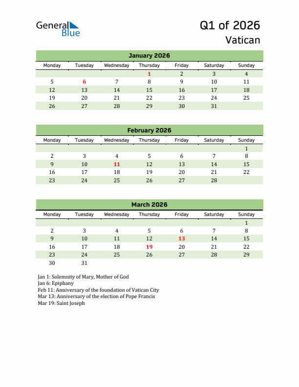 Quarterly Calendar 2026 with Vatican Holidays