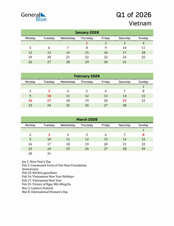 Quarterly Calendar 2026 with Vietnam Holidays