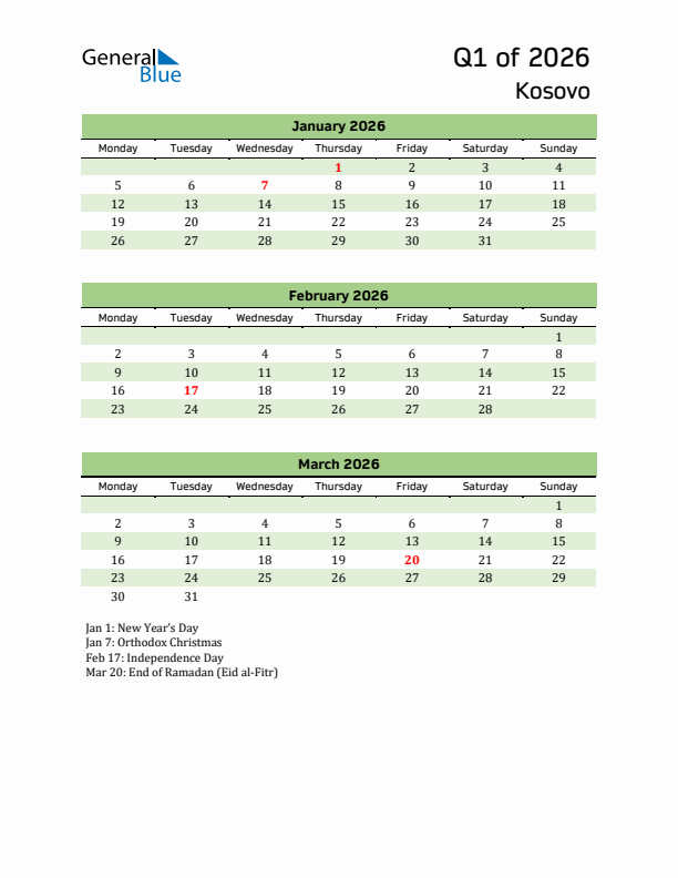 Quarterly Calendar 2026 with Kosovo Holidays