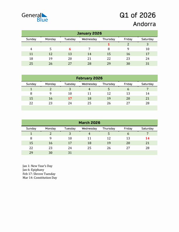 Quarterly Calendar 2026 with Andorra Holidays