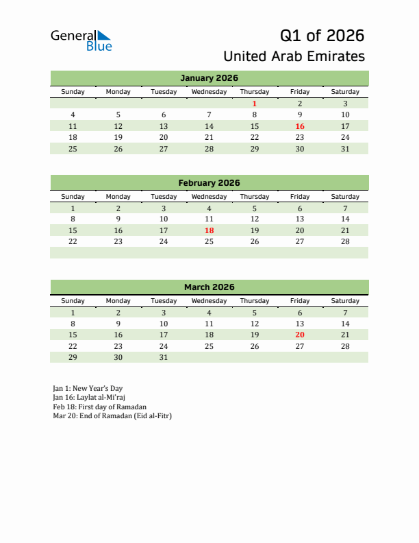 Quarterly Calendar 2026 with United Arab Emirates Holidays