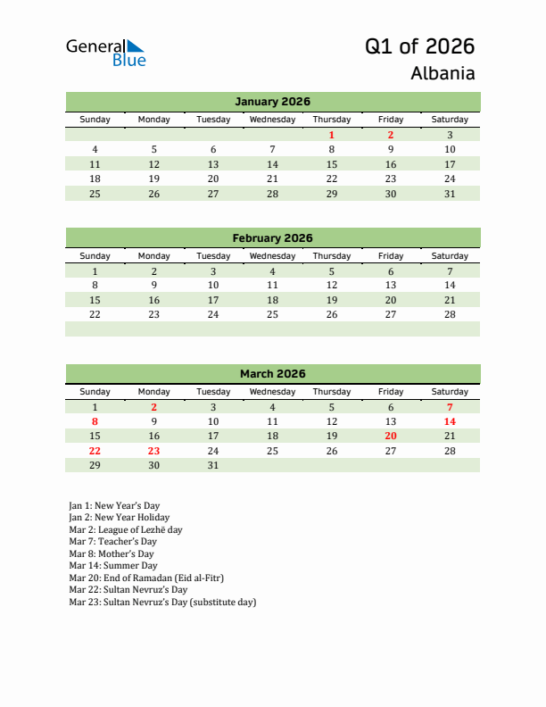 Quarterly Calendar 2026 with Albania Holidays