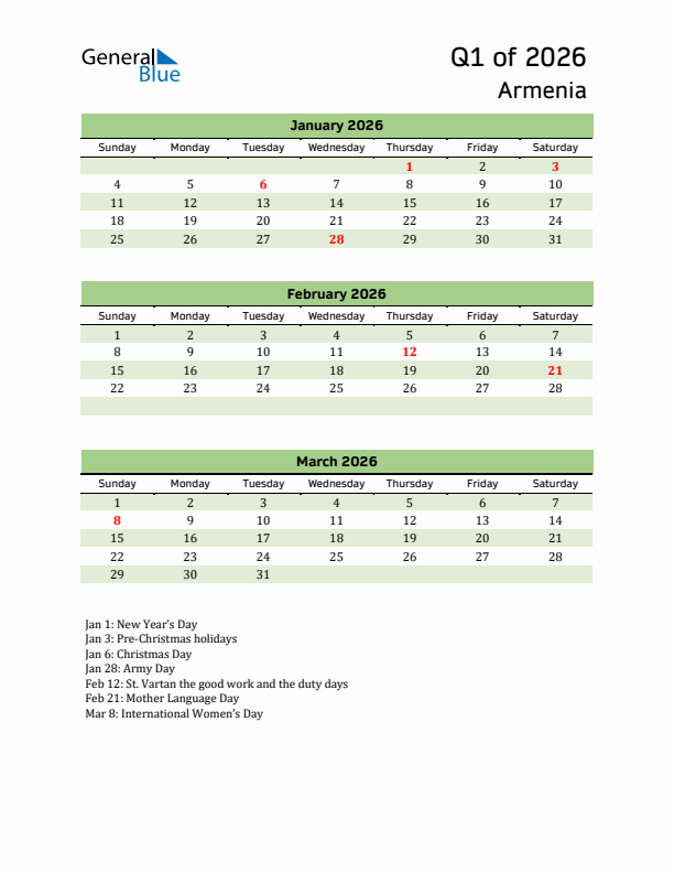 Quarterly Calendar 2026 with Armenia Holidays