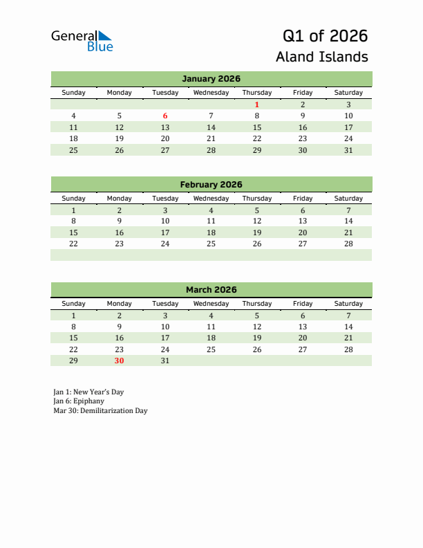 Quarterly Calendar 2026 with Aland Islands Holidays