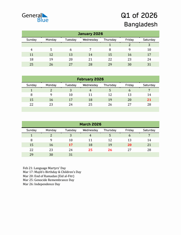 Quarterly Calendar 2026 with Bangladesh Holidays