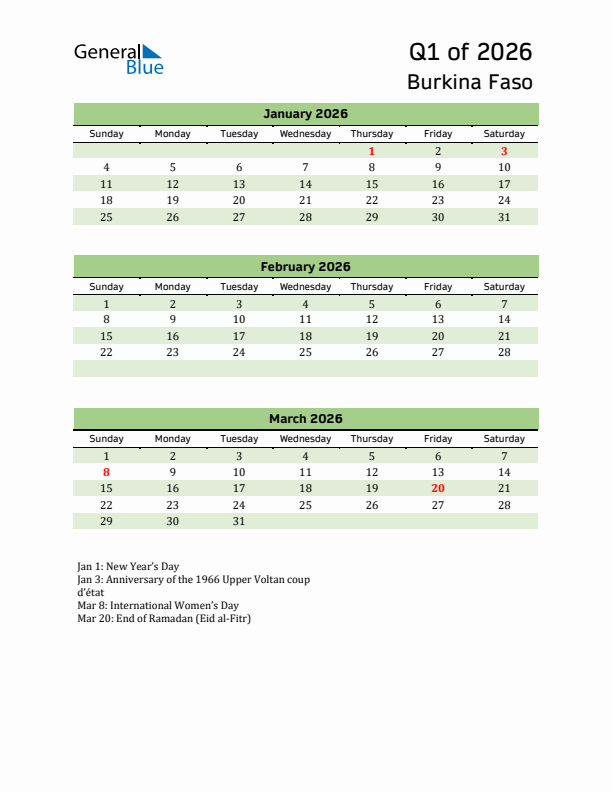 Quarterly Calendar 2026 with Burkina Faso Holidays