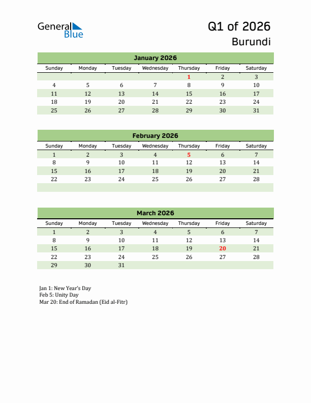 Quarterly Calendar 2026 with Burundi Holidays