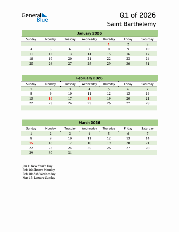 Quarterly Calendar 2026 with Saint Barthelemy Holidays